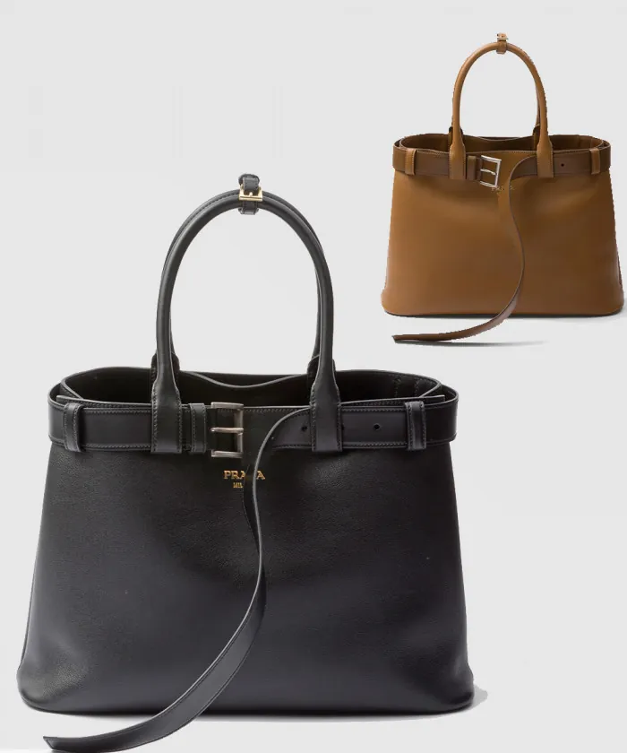 프라다 벨트가 달린 버클 라지 가죽 핸드백 1BA416